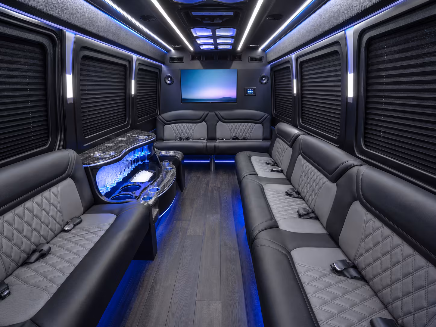 chicopee 18 passenger party bus inside