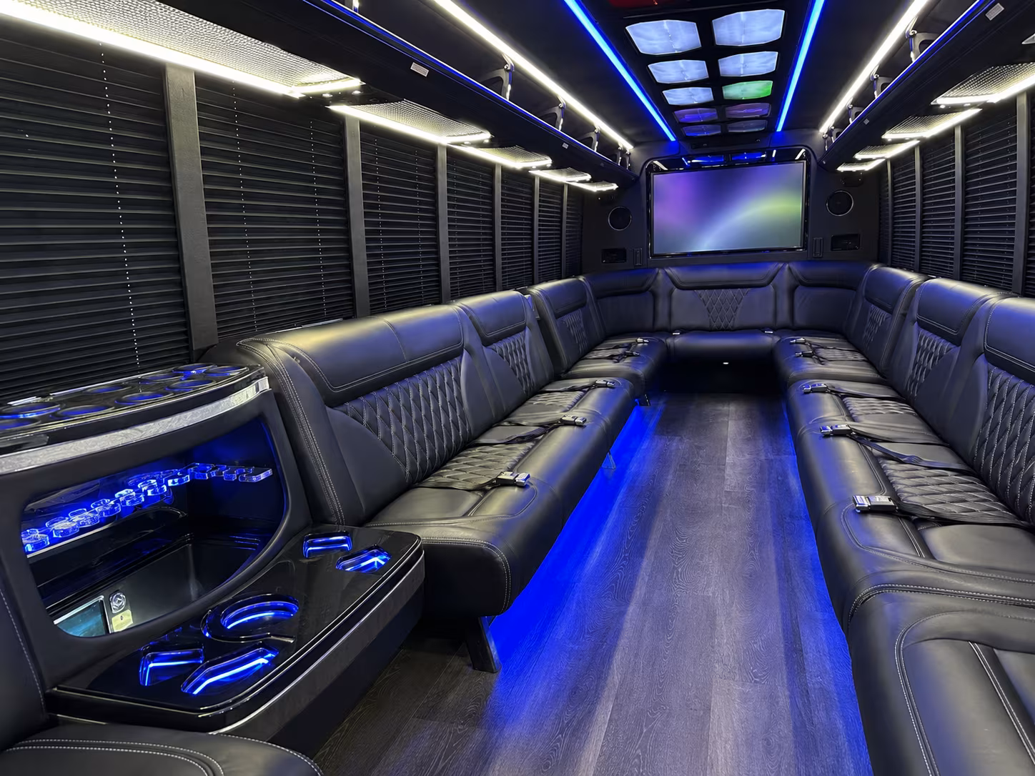 chicopee 20 passenger party bus inside